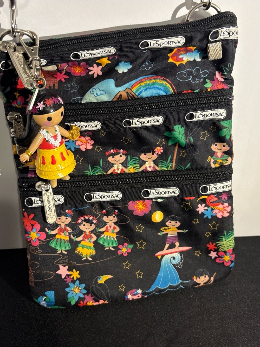 LeSportsac Black Tropical Hula Girl Triple Zip Crossbody Disney